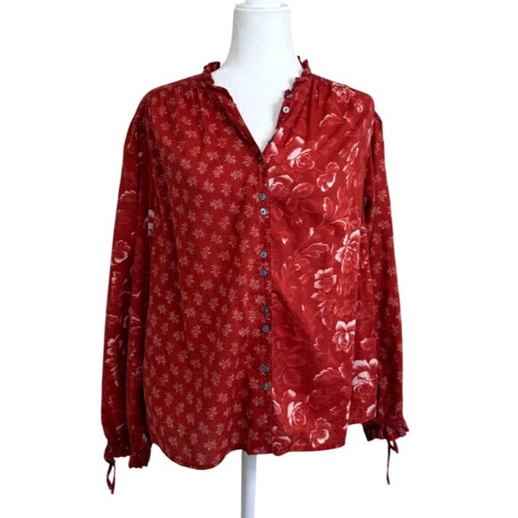 Sundance Womens Top Red Floral Button-Up Boho Blouse Long Sleeve Cotton Size M - Picture 1 of 7